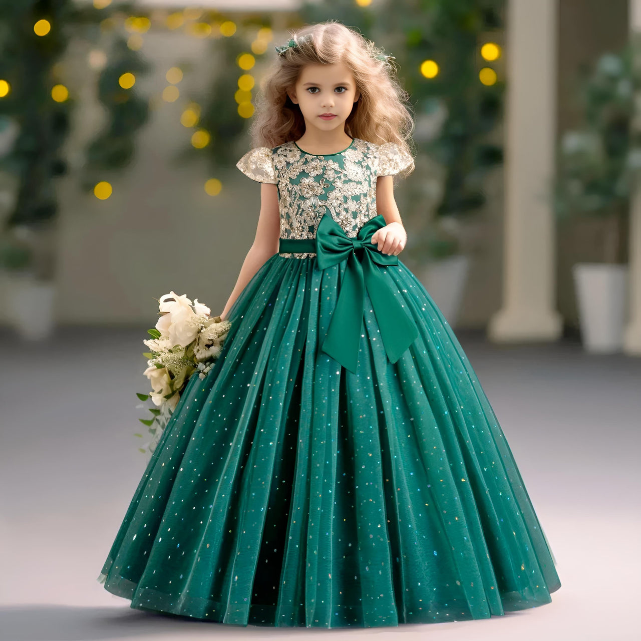 Elegant Kids Dresses for Girls Wedding Children Bow Flower Girl Long Gown Princess Birthday Party Embroidery 4-10 Y -, Dress , Drestiny , 10T, 4T, 5T, 6T, 7T, 8T, 9T, Champagne, Dresses, Green, Maxi Dresses, Red, Short Sleeves, White , Drestiny , www.shopdrestiny.com