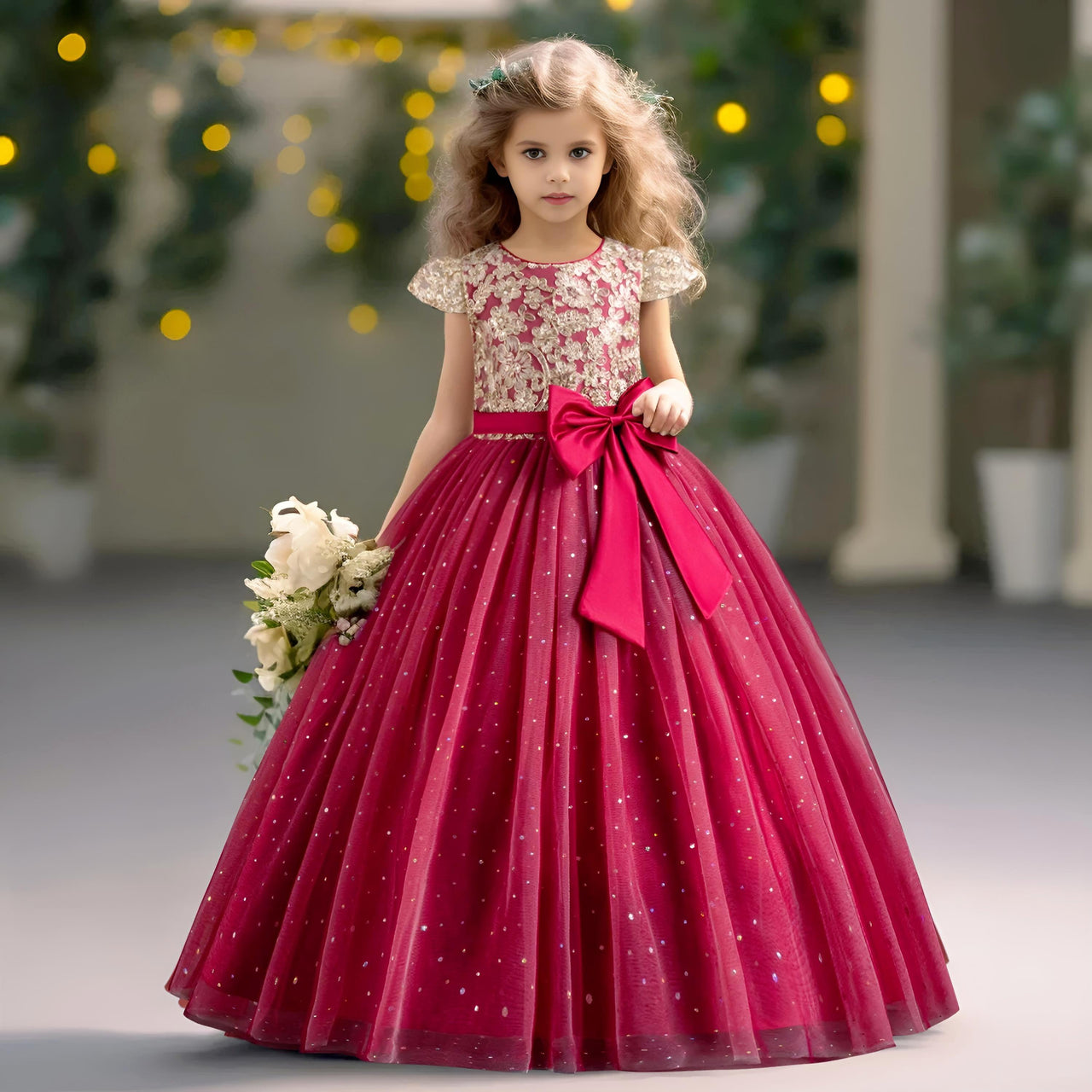 Elegant Kids Dresses for Girls Wedding Children Bow Flower Girl Long Gown Princess Birthday Party Embroidery 4-10 Y -, Dress , Drestiny , 10T, 4T, 5T, 6T, 7T, 8T, 9T, Champagne, Dresses, Green, Maxi Dresses, Red, Short Sleeves, White , Drestiny , www.shopdrestiny.com