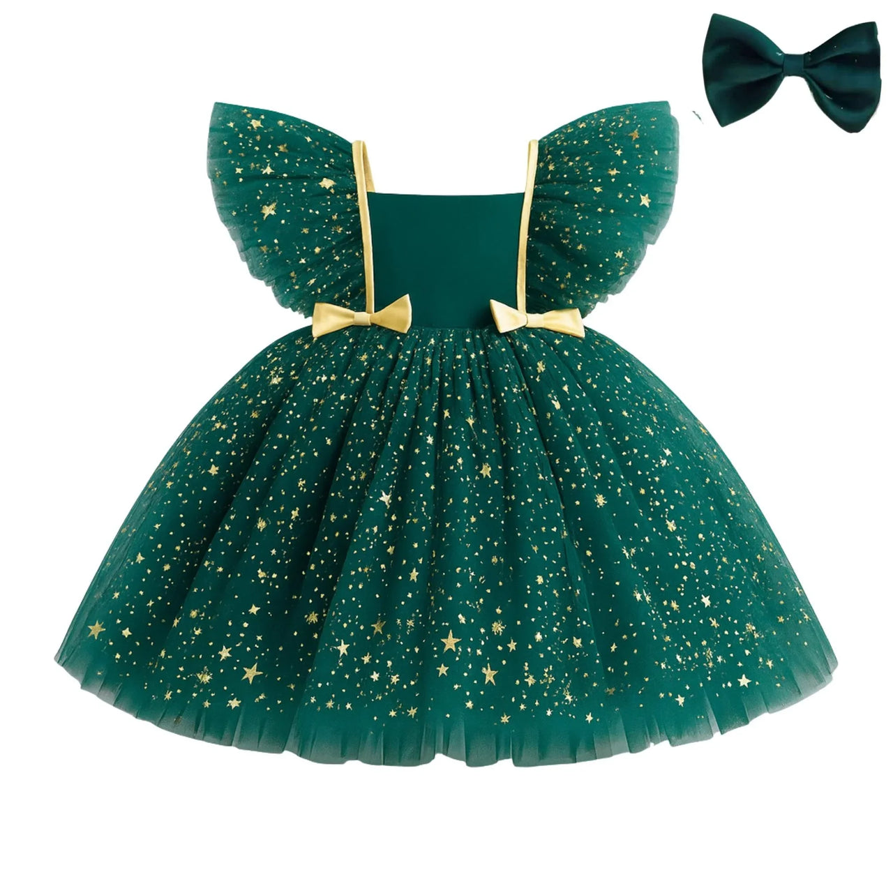 Green dress with gold stars and a matching bow on a white background