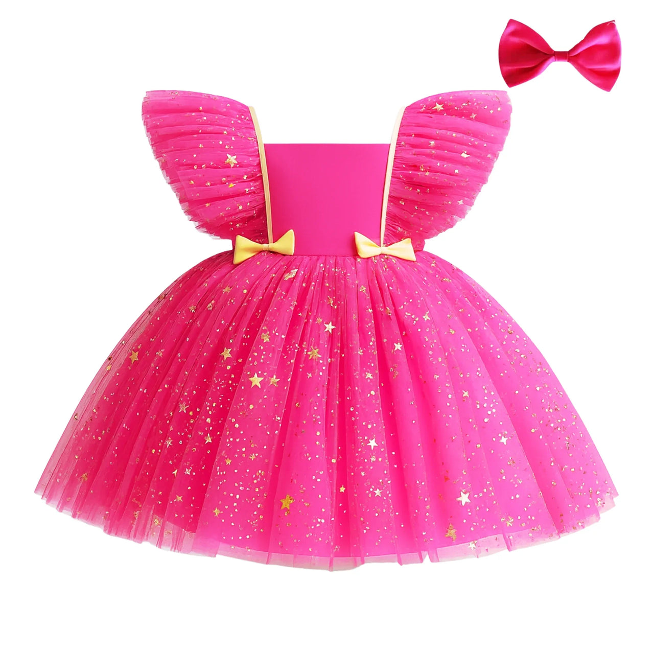 Pink dress with gold star patterns and a matching bow on a white background