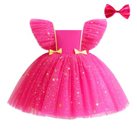 Thumbnail for Pink dress with gold star patterns and a matching bow on a white background