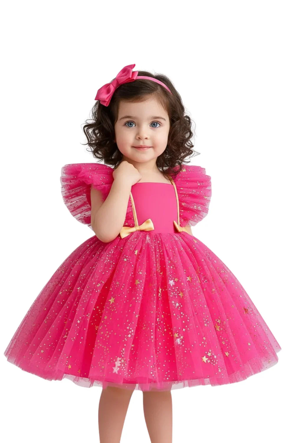 Young girl wearing a pink dress with star details on a white background