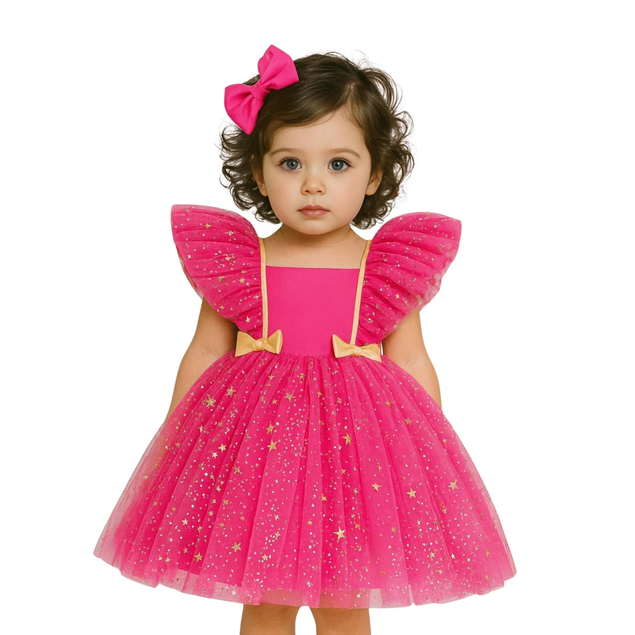 Young girl wearing a pink dress with gold accents on a white background