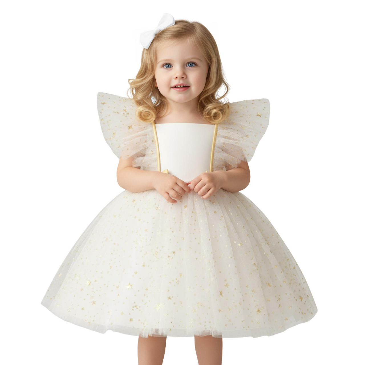 Young girl wearing a white dress with gold accents on a white background