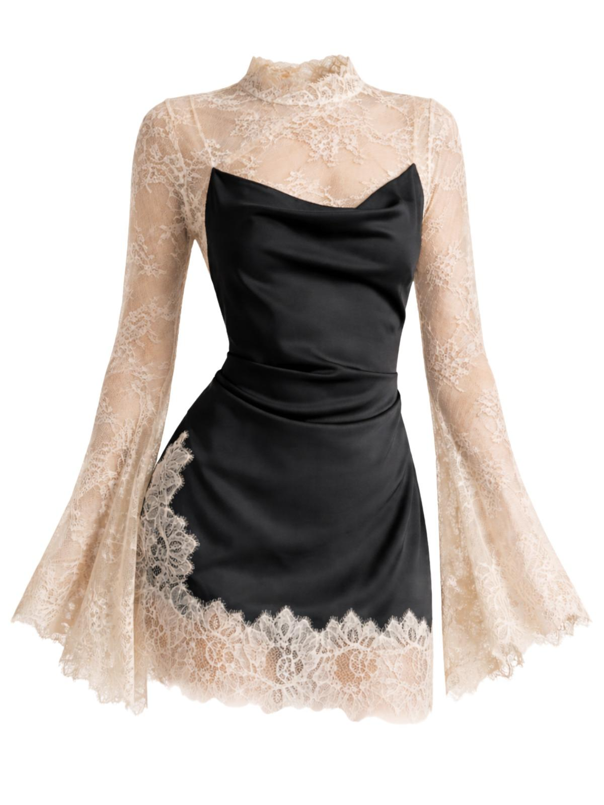 Black mini dress with beige lace long sleeves and hem on a white background