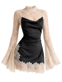 Thumbnail for Black mini dress with beige lace long sleeves and hem on a white background