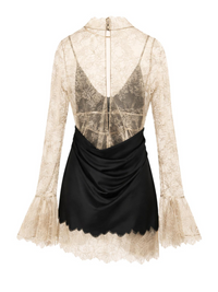 Thumbnail for Black mini dress with beige lace long sleeves on a white background
