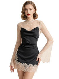Thumbnail for Woman wearing a long sleeved black satin mini dress with lace trim on a white background