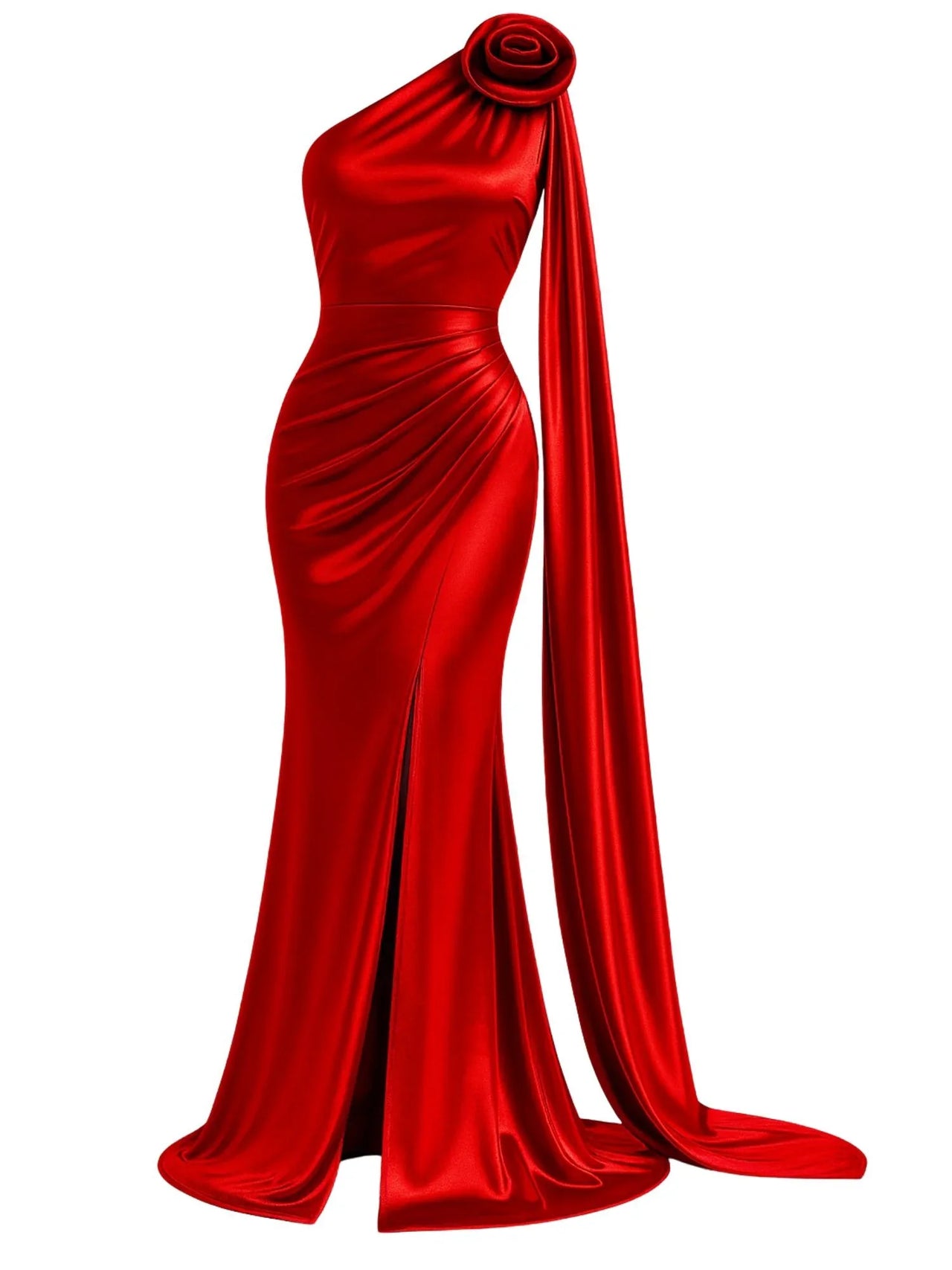Red satin one-shoulder gown with a high slit and floral detail on one shoulder on a white background