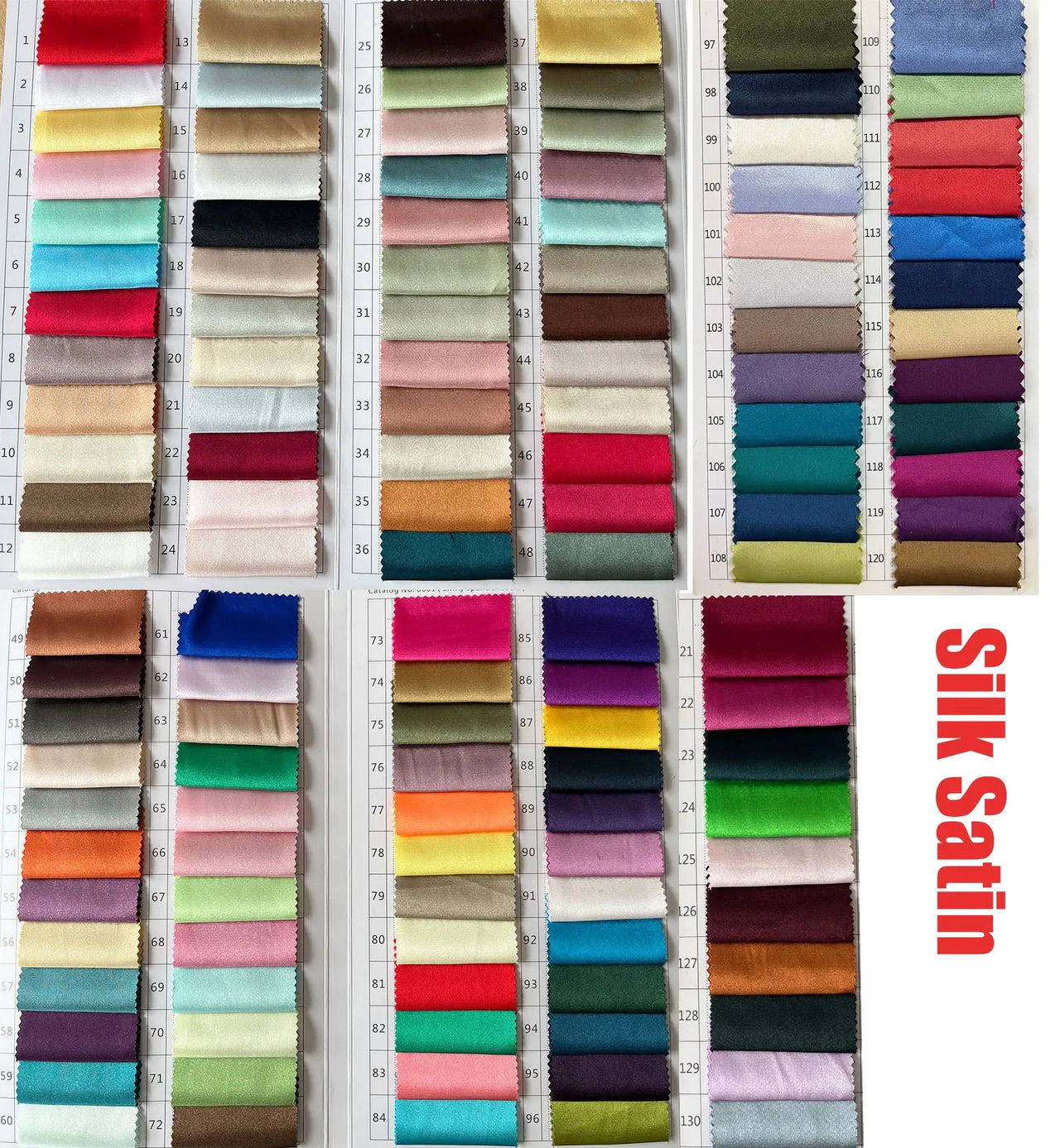 Silk satin fabric swatches in various colors with a ruler on a white background.