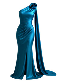 Thumbnail for Blue satin one shoulder gown with a high slit and floral detail on one shoulder on a white background