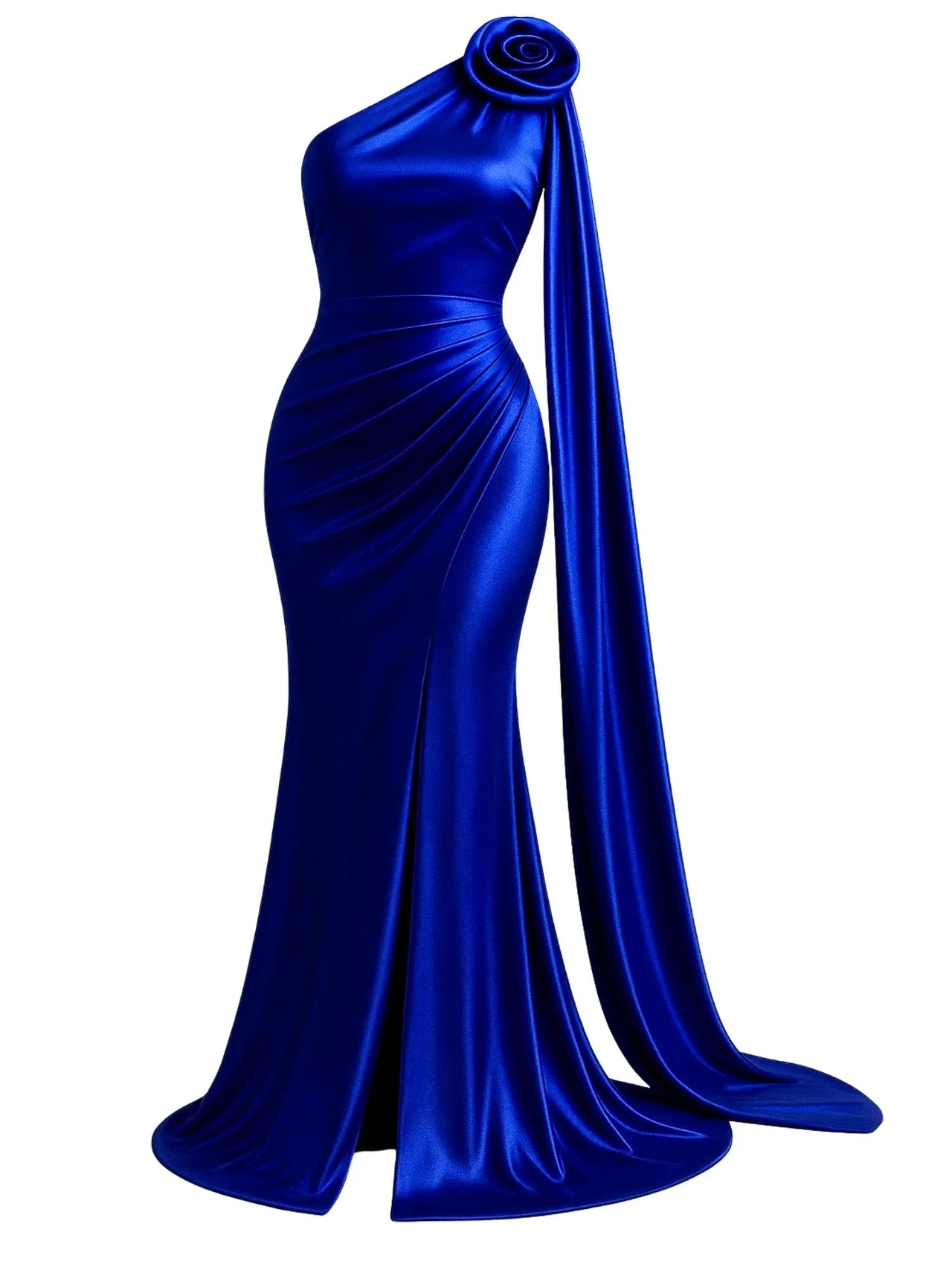 Blue satin gown with a floral detail on a white background