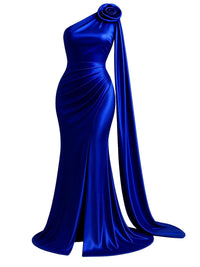 Thumbnail for Blue satin gown with a floral detail on a white background