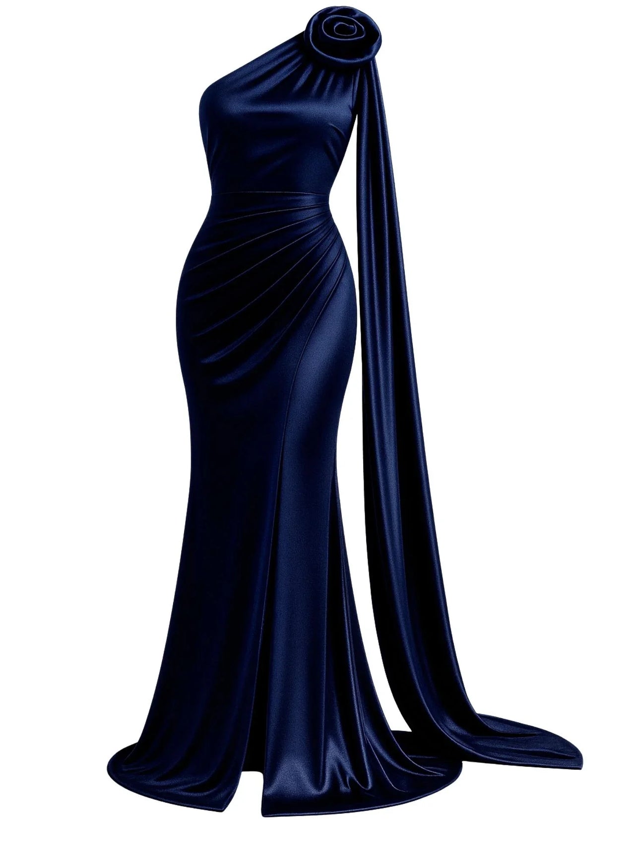 Navy blue satin one-shoulder gown with a draped design on a white background