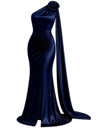 Thumbnail for Navy blue satin one-shoulder gown with a draped design on a white background
