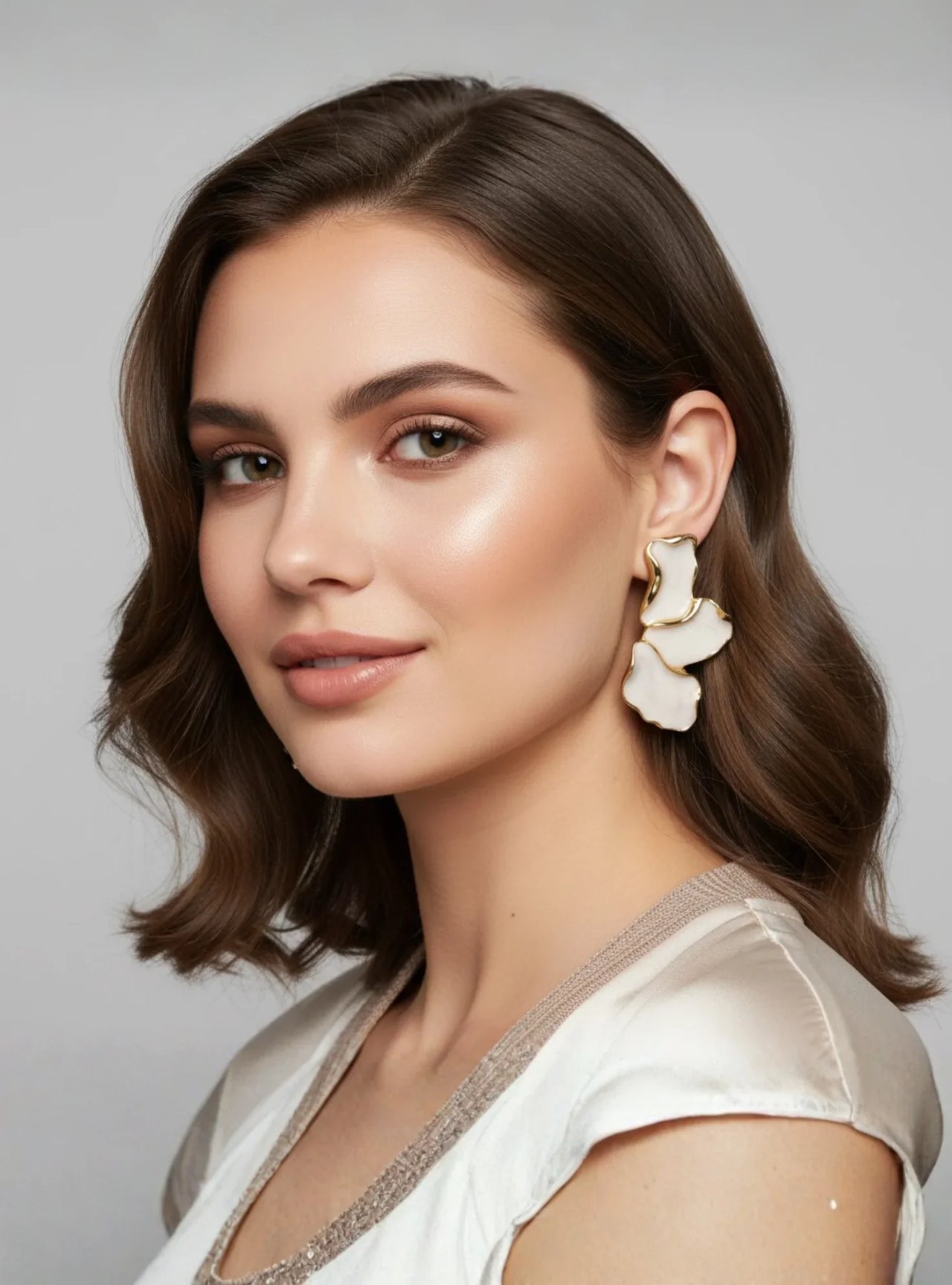 Woman wearing a white blouse with floral earrings against a neutral background