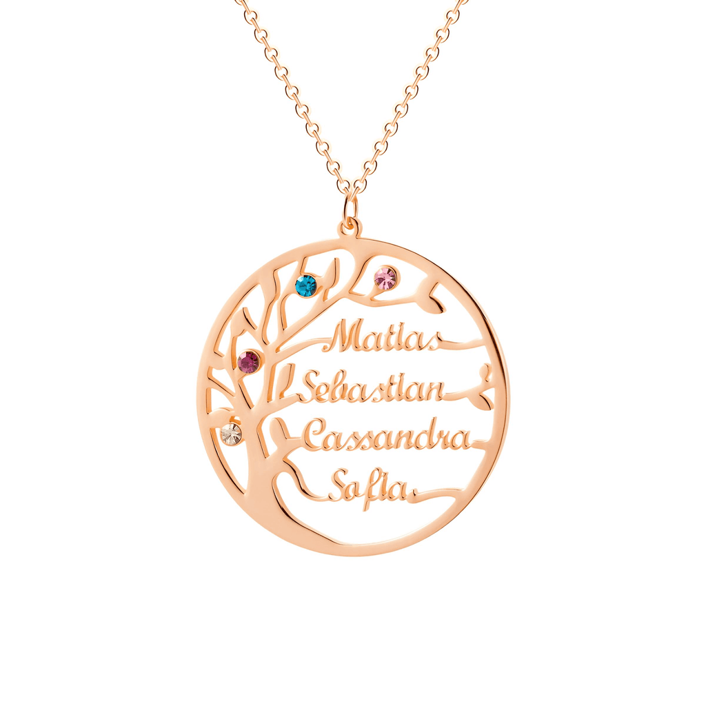 Personalize a Family Tree of Life Necklace with 1-6 names and birthstones at Drestiny. Save up to 50% off for a limited time! As seen on FOX, NBC, and CBS.
