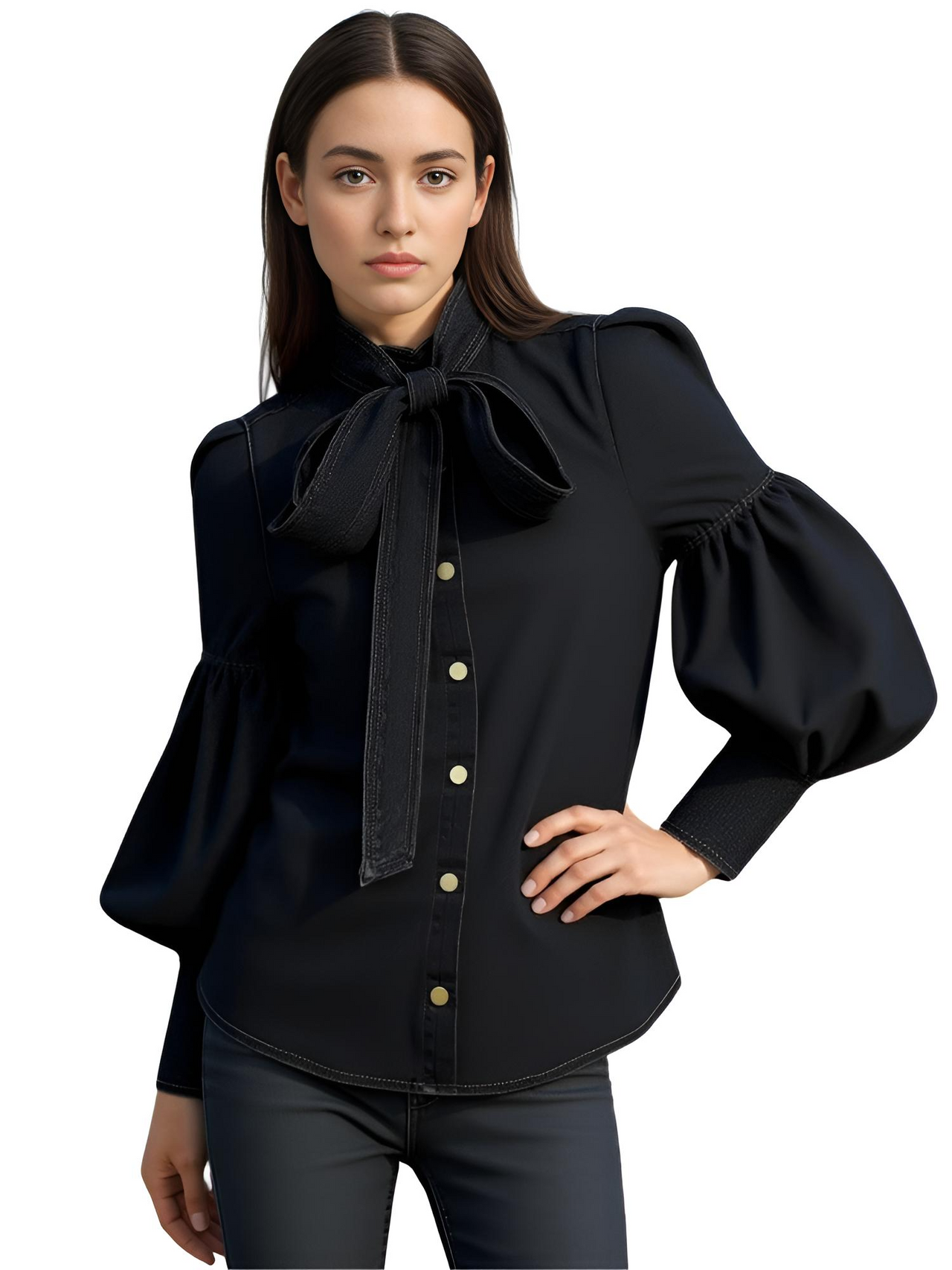 Fashion Blouse Women's Denim Puff Sleeve Tops For Urban Lady High Neck Shirts Tops Women -, Blouses , Drestiny , 10, 12, 14, 16, 4, 6, 8, Australia, Blouses, Casual Shirts, Dark Blue, Dress Shirts, FR, Grey, L, Light Blue, Long Sleeves, M, New Zealand, S, United Kingdom, United States, XL, XXL, XXXL , Drestiny , www.shopdrestiny.com