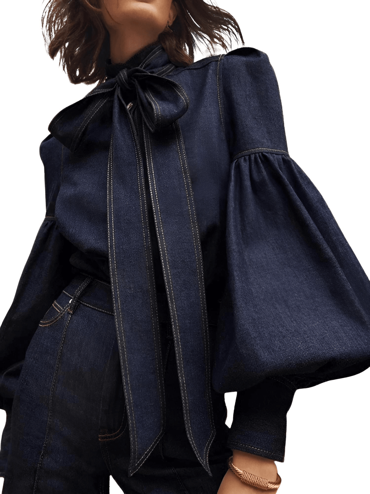 Fashion Blouse Women's Denim Puff Sleeve Tops For Urban Lady High Neck Shirts Tops Women -, Blouses , Drestiny , 10, 12, 14, 16, 4, 6, 8, Australia, Blouses, Casual Shirts, Dark Blue, Dress Shirts, FR, Grey, L, Light Blue, Long Sleeves, M, New Zealand, S, United Kingdom, United States, XL, XXL, XXXL , Drestiny , www.shopdrestiny.com