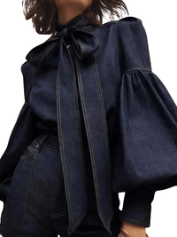 Thumbnail for Fashion Blouse Women's Denim Puff Sleeve Tops For Urban Lady High Neck Shirts Tops Women -, Blouses , Drestiny , 10, 12, 14, 16, 4, 6, 8, Australia, Blouses, Casual Shirts, Dark Blue, Dress Shirts, FR, Grey, L, Light Blue, Long Sleeves, M, New Zealand, S, United Kingdom, United States, XL, XXL, XXXL , Drestiny , www.shopdrestiny.com