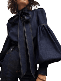 Thumbnail for Fashion Blouse Women's Denim Puff Sleeve Tops For Urban Lady High Neck Shirts Tops Women -, Blouses , Drestiny , 10, 12, 14, 16, 4, 6, 8, Australia, Blouses, Casual Shirts, Dark Blue, Dress Shirts, FR, Grey, L, Light Blue, Long Sleeves, M, New Zealand, S, United Kingdom, United States, XL, XXL, XXXL , Drestiny , www.shopdrestiny.com