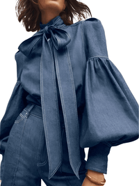 Thumbnail for Fashion Blouse Women's Denim Puff Sleeve Tops For Urban Lady High Neck Shirts Tops Women -, Blouses , Drestiny , 10, 12, 14, 16, 4, 6, 8, Australia, Blouses, Casual Shirts, Dark Blue, Dress Shirts, FR, Grey, L, Light Blue, Long Sleeves, M, New Zealand, S, United Kingdom, United States, XL, XXL, XXXL , Drestiny , www.shopdrestiny.com