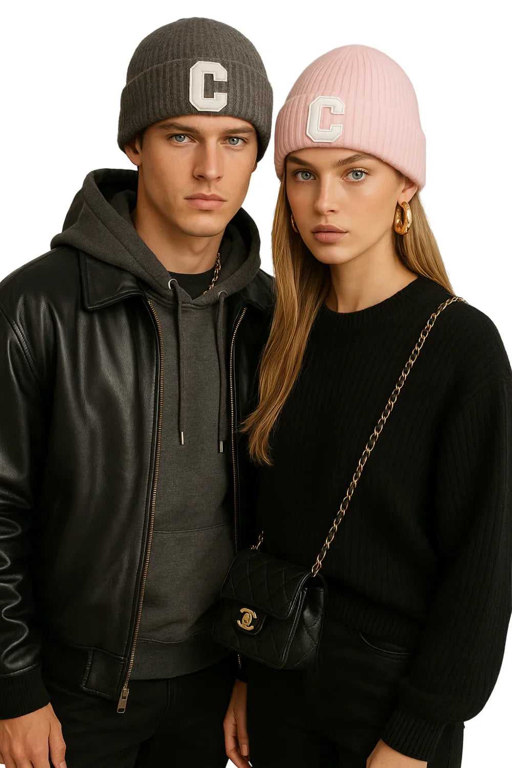 Two people wearing matching beanies with a 'C' logo, standing close together.