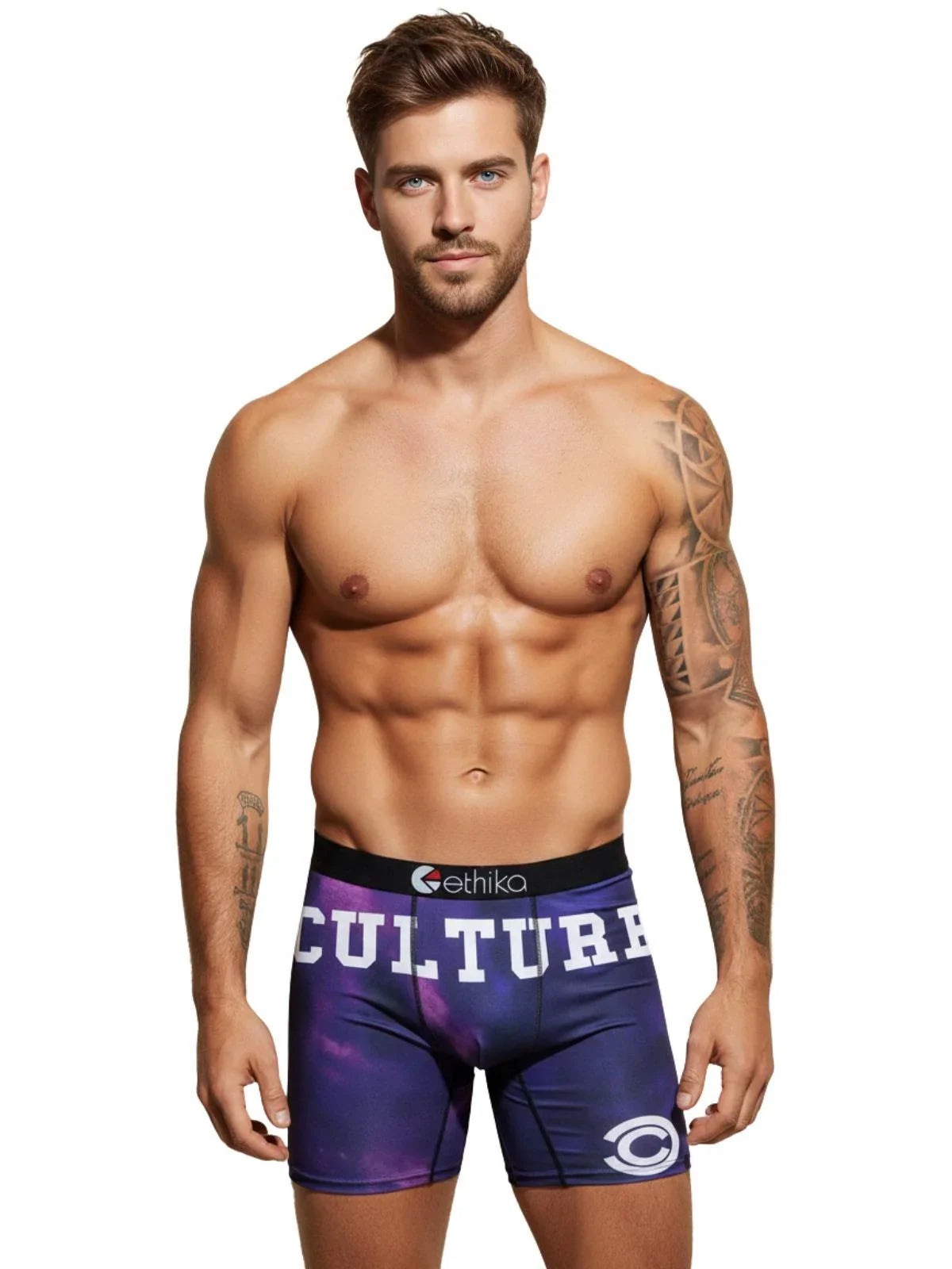 Man wearing purple 'Cultured' underwear with visible brand logo on a white background
