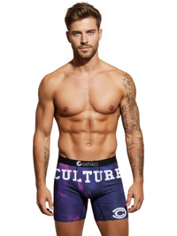 Thumbnail for Man wearing purple 'Cultured' underwear with visible brand logo on a white background