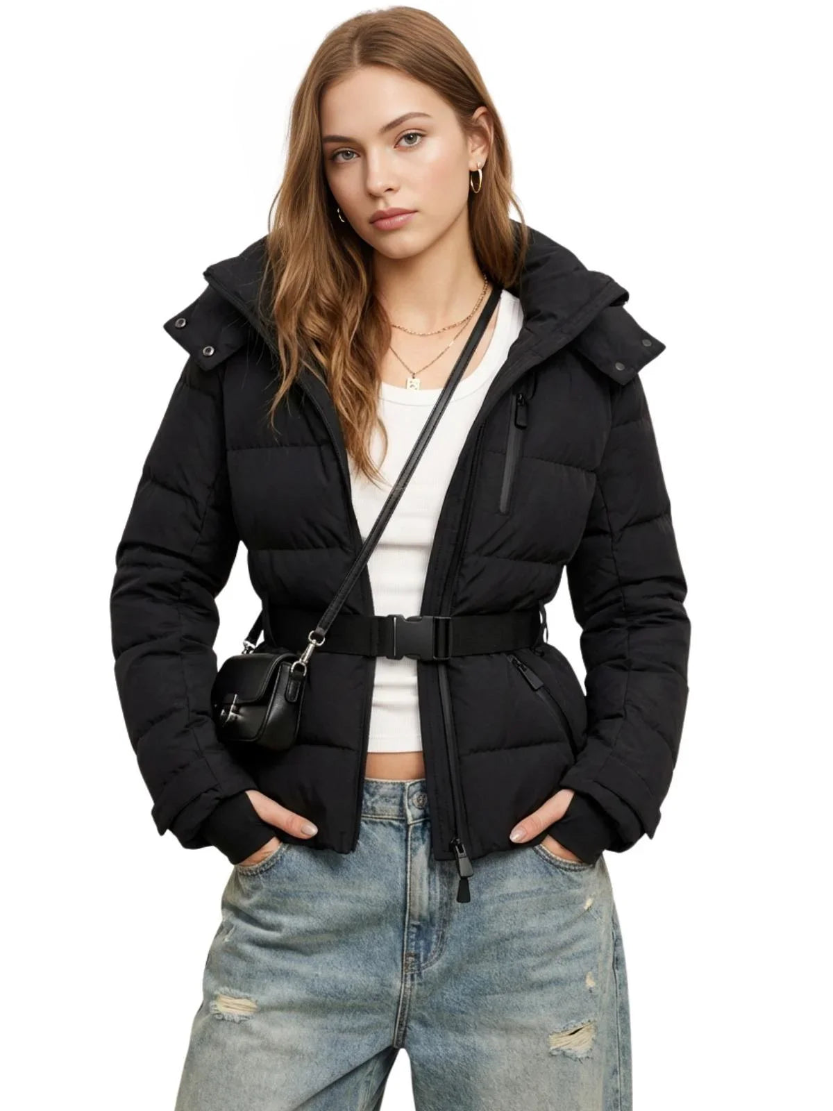 Fashion Waist Women's Hooded Belt Jacket