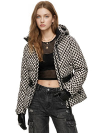 Thumbnail for Woman wearing a plaid jacket, black top, and cargo pants on a white background