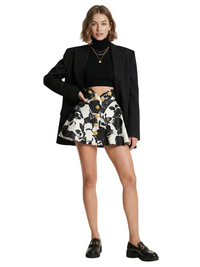 Thumbnail for Fashion Women's Metal Rose Buttons Printed Floral Black & White Mini Skirt