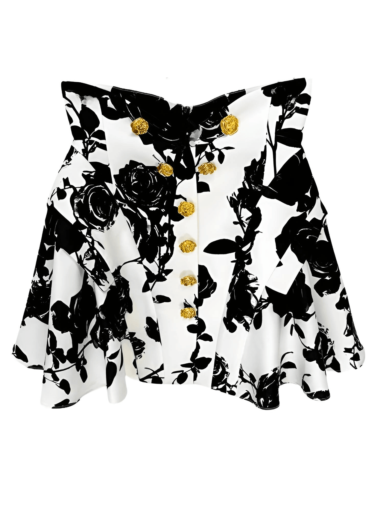 Fashion Women's Metal Rose Buttons Printed Floral Black & White Mini Skirt -, Skirts , Drestiny , 10, 12, 14, 4, 6, 8, Australia, Black, Canada, L, M, New Zealand, S, Skirts, United Kingdom, United States, White, XL, XXL , Drestiny , www.shopdrestiny.com