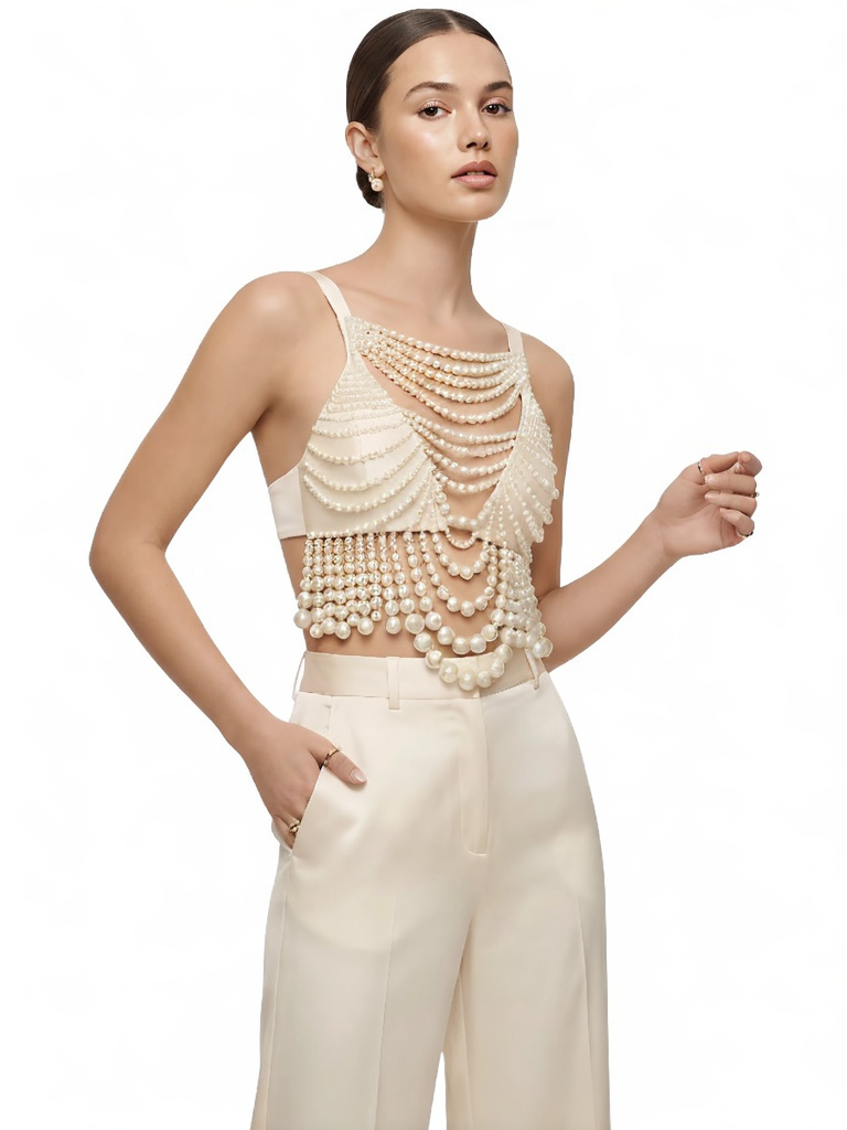 Fashion Women's Pearl Beaded Top Pearl Bra Top Ladies Party Female Elegant Beaded Vest Tops