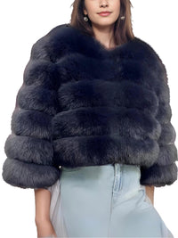 Thumbnail for Faux Fur Short Coat Women's Cropped Artificial Fox Fur Jacket Women Winter Fluffy Top Thick Warm Furry Fur Outerwear, Drestiny, Coats, Jackets, Women's Fur Coats, Women's Fox Fur Coats, S, M, L, XL, XXL, 2XL, XXXL, 3XL, 4, 6, 8, 10, 12, 14, 16, United States, Canada, Australia, New Zealand, United Kingdom, Khaki, Camel, Iron Grey, Apricot, Dark Brown, Black, White, White Fur Coats, Plus Size Fur Coats For Women, Navy, Dark Blue, shopdrestiny.com