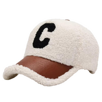 Thumbnail for White sherpa-lined baseball cap with a brown visor and black letter 'C' on a white background