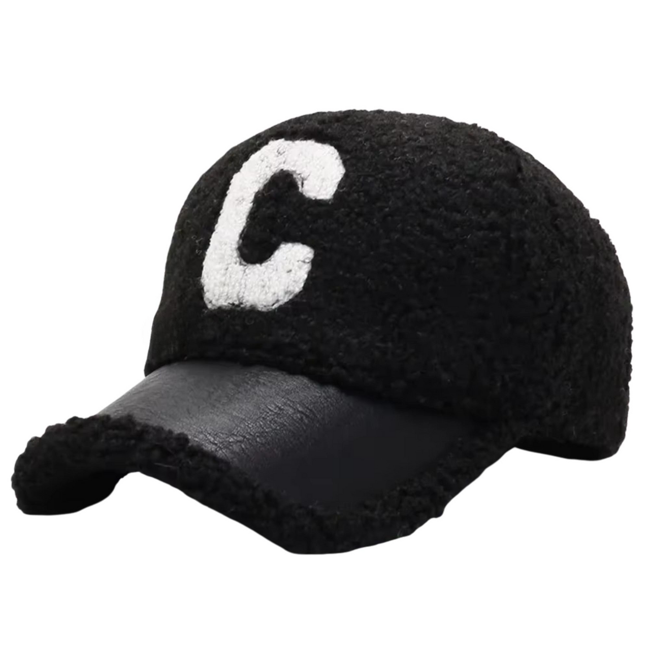 Black sherpa baseball cap with a white 'C' on a white background