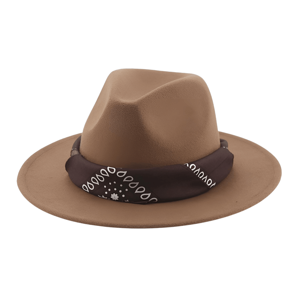 Light Brown Fedora Hat With Decorative Bandana