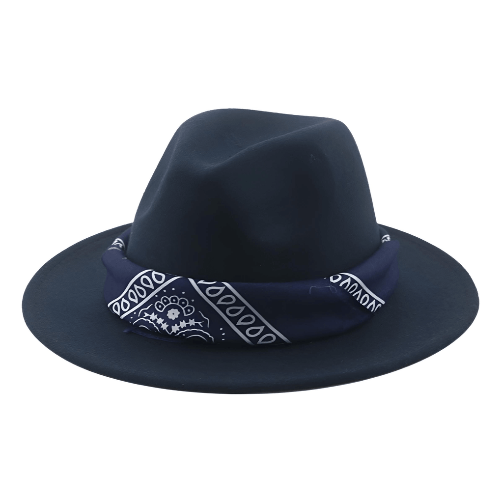 Dark Blue Fedora Hat With Decorative Bandana
