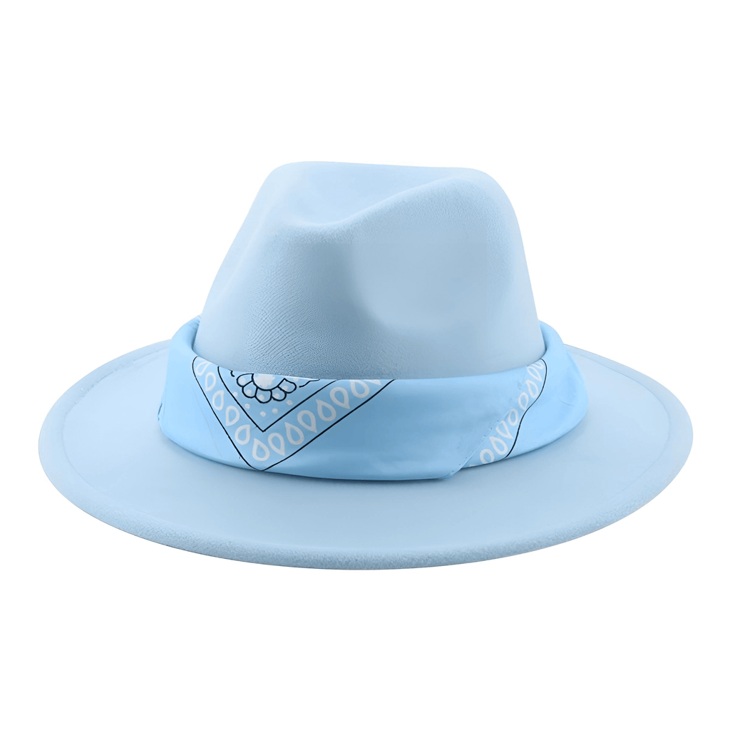 Light Blue Fedora Hat With Decorative Bandana