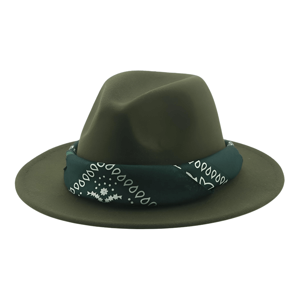 Army Green Fedora Hat With Decorative Bandana