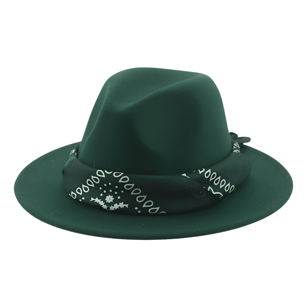Dark Green Fedora Hat With Decorative Bandana