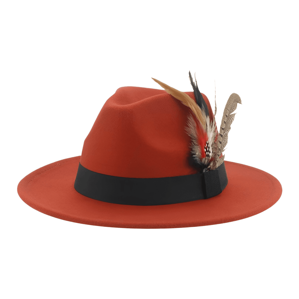 Dark Orange Fedora With Feather and Band Detailing For Men & Women