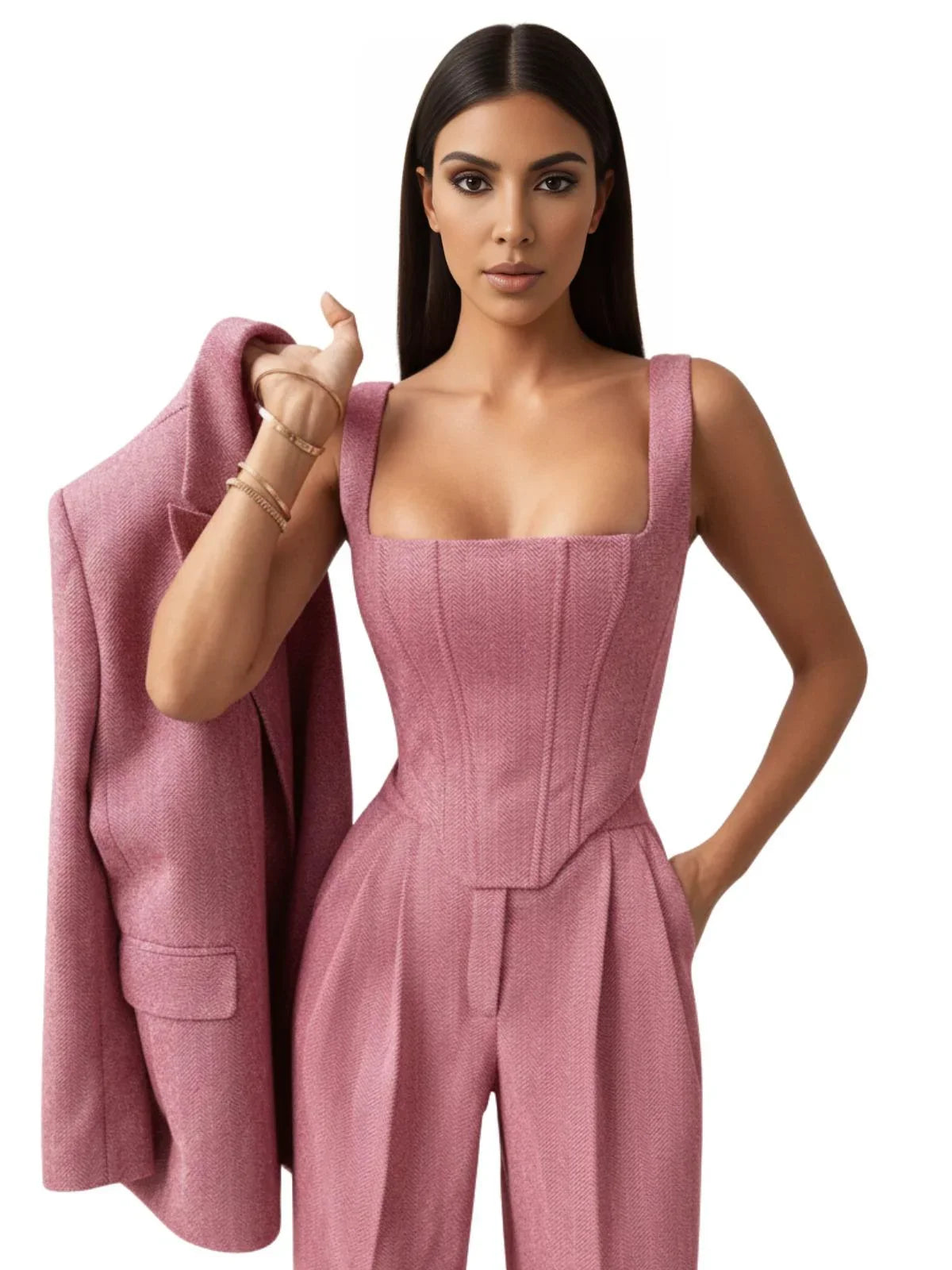 Fish Bone Top Blazer Pants Set 3 Pieces For Women Solid One Button Jacket Crop Tops High Waist Pocket Pants Lady Office Set