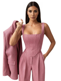 Thumbnail for Fish Bone Top Blazer Pants Set 3 Pieces For Women Solid One Button Jacket Crop Tops High Waist Pocket Pants Lady Office Set