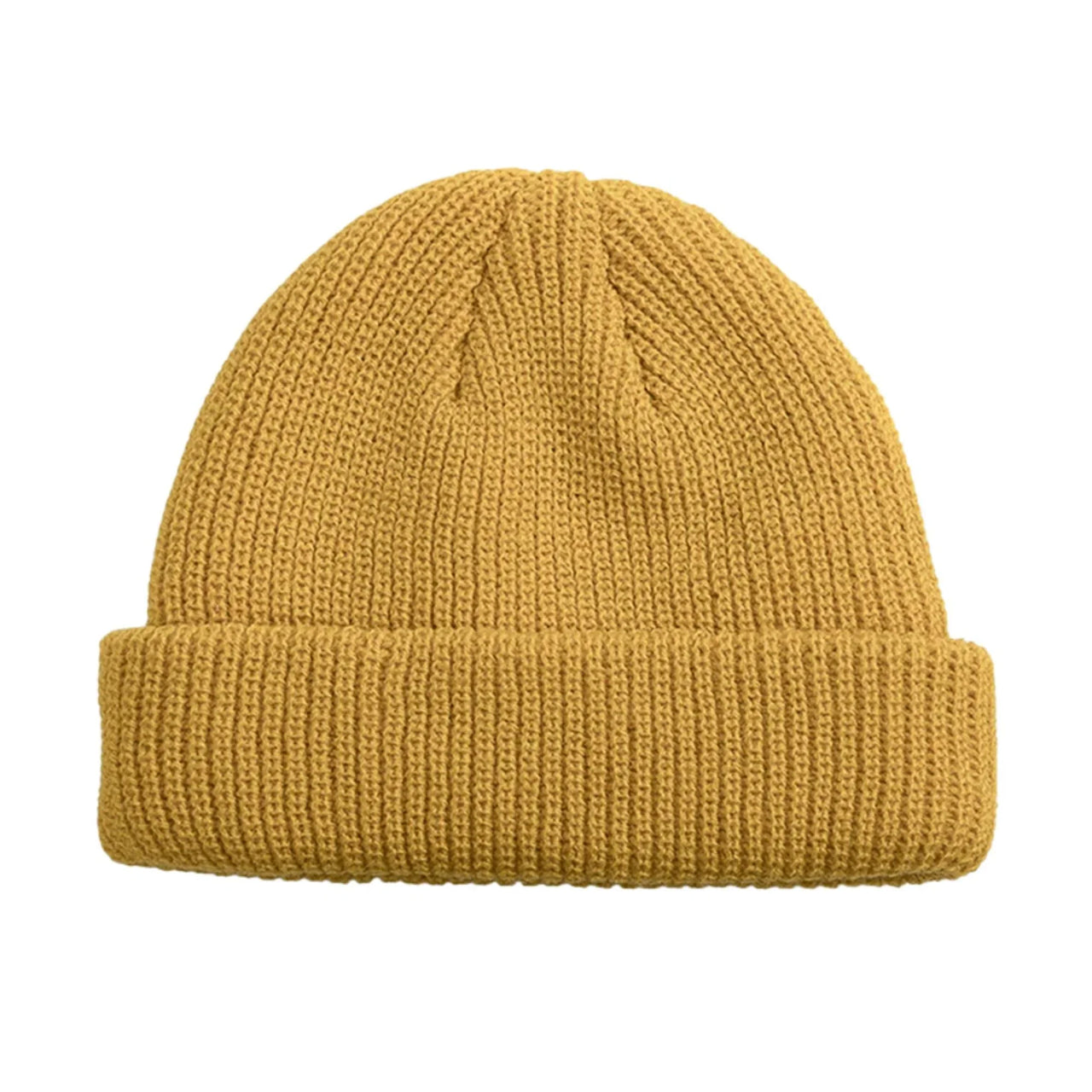 Yellow knit beanie on a white background