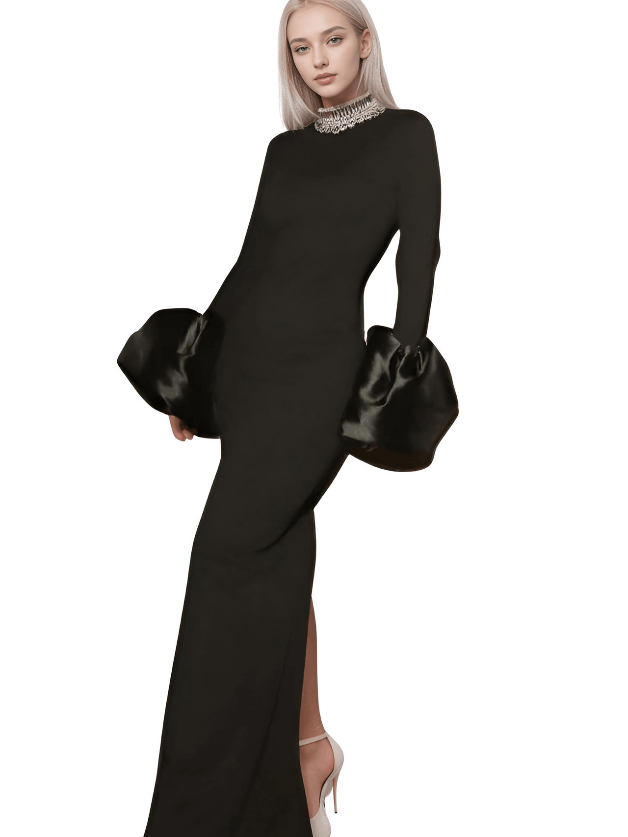 Flare Sleeve Shining Diamond Neck Long Dress Elegant Woman Black Bandage Evening Party Dress Cocktail Party Outfit, Drestiny, Ankle Length Dresses, Cocktail Dresses, Hollywood Dresses, Long Black Dresses, Maxi Dresses, Black, Silver, Diamond Dresses, Long Sleeves, Long Sleeve Dresses, United States, Canada, Australia, New Zealand, United Kingdom, XS, S, M, L, XL, shopdrestiny.com
