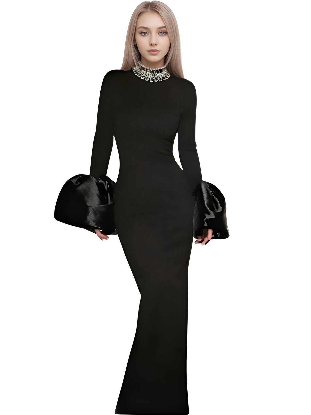 Flare Sleeve Shining Diamond Neck Long Dress Elegant Woman Black Bandage Evening Party Dress Cocktail Party Outfit, Drestiny, Ankle Length Dresses, Cocktail Dresses, Hollywood Dresses, Long Black Dresses, Maxi Dresses, Black, Silver, Diamond Dresses, Long Sleeves, Long Sleeve Dresses, United States, Canada, Australia, New Zealand, United Kingdom, XS, S, M, L, XL, shopdrestiny.com