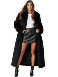 Thumbnail for Woman wearing a long black fur coat, white top, and black leather skirt on a white background