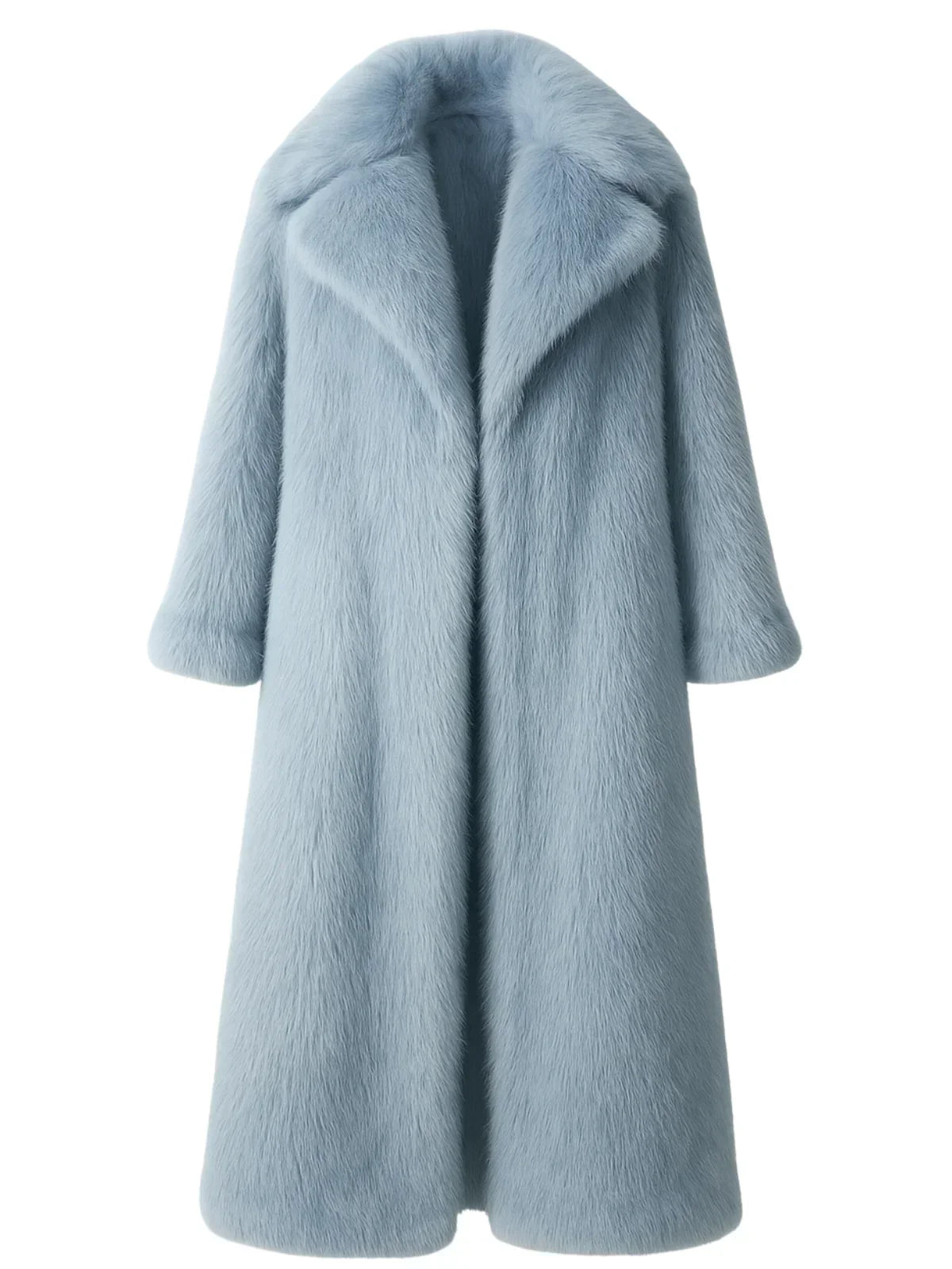 Long light blue fur coat on a white background